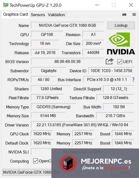 AORUS GeForce GTX 1060 resultados GPU-Z